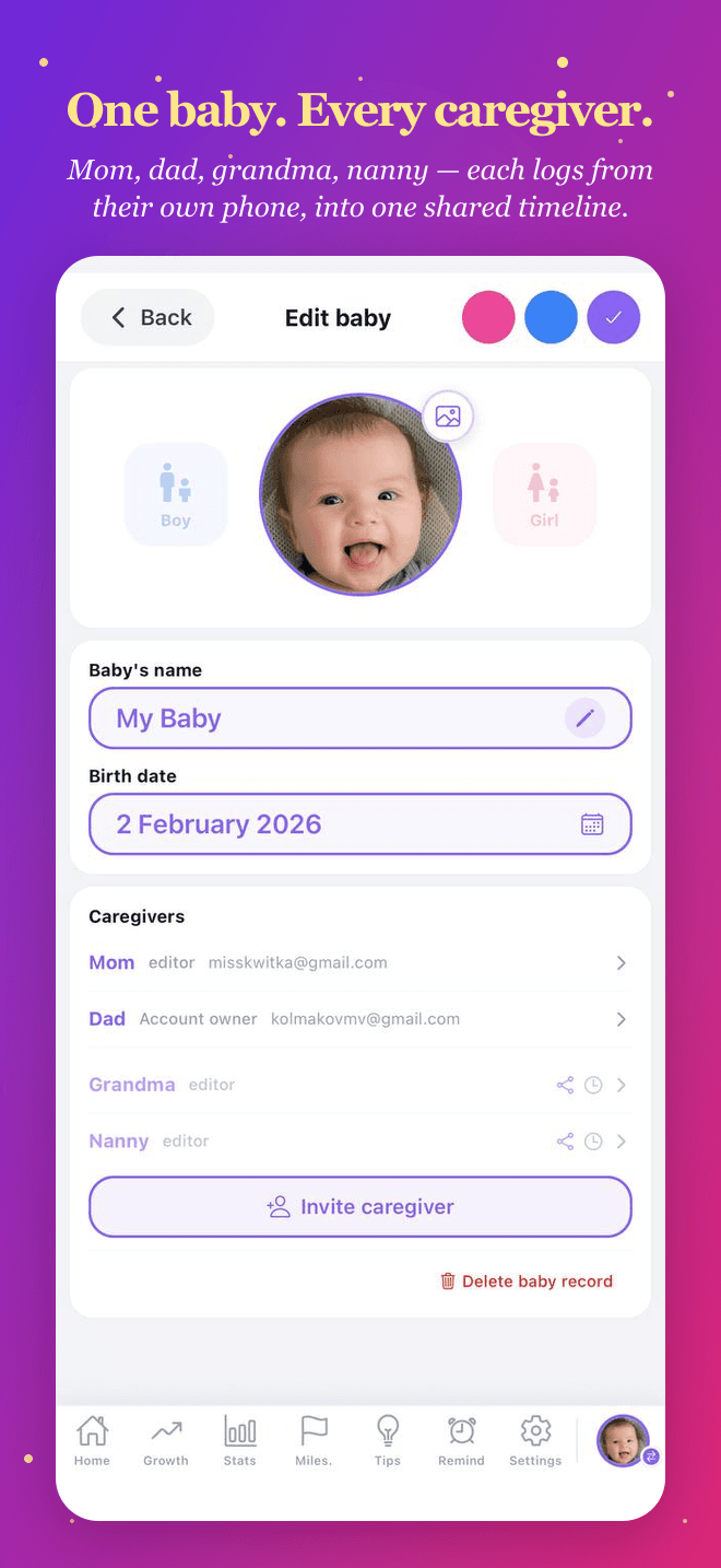 One baby, every caregiver — real-time shared logging from each person's phone