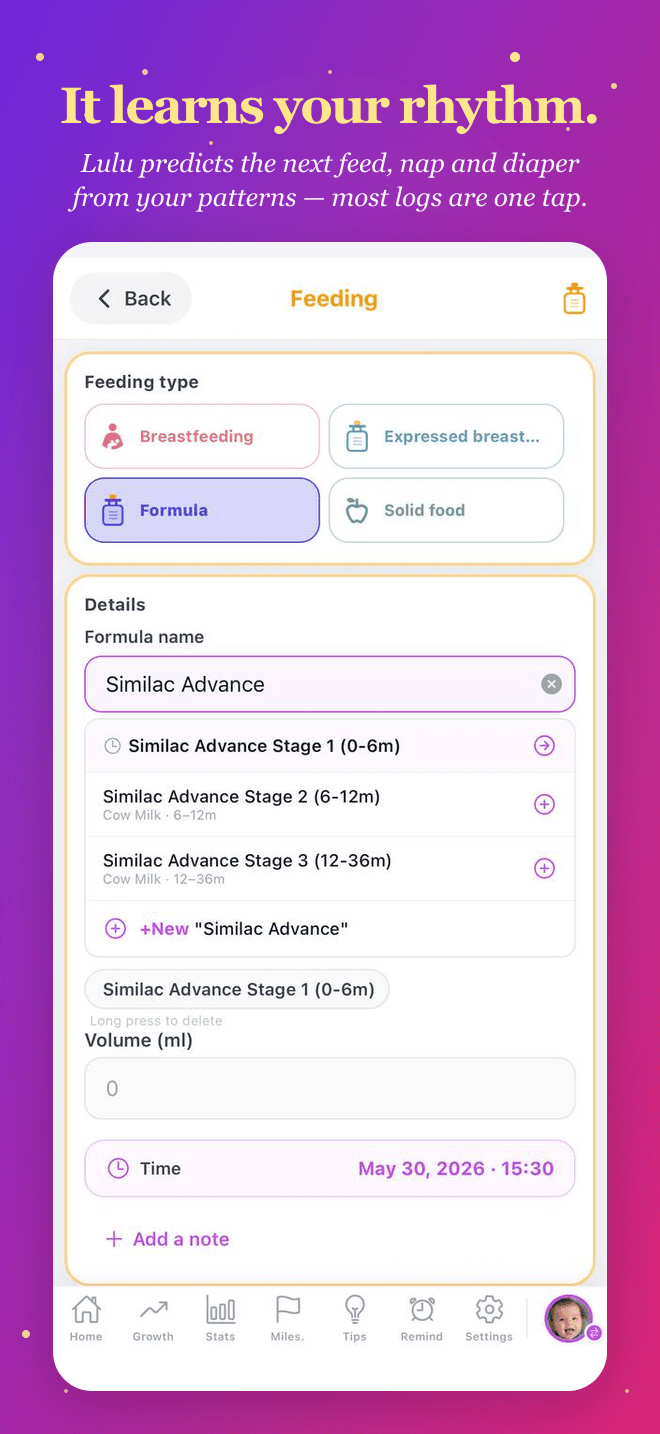 Pattern-aware logging — Lulu predicts your next feed, nap and diaper